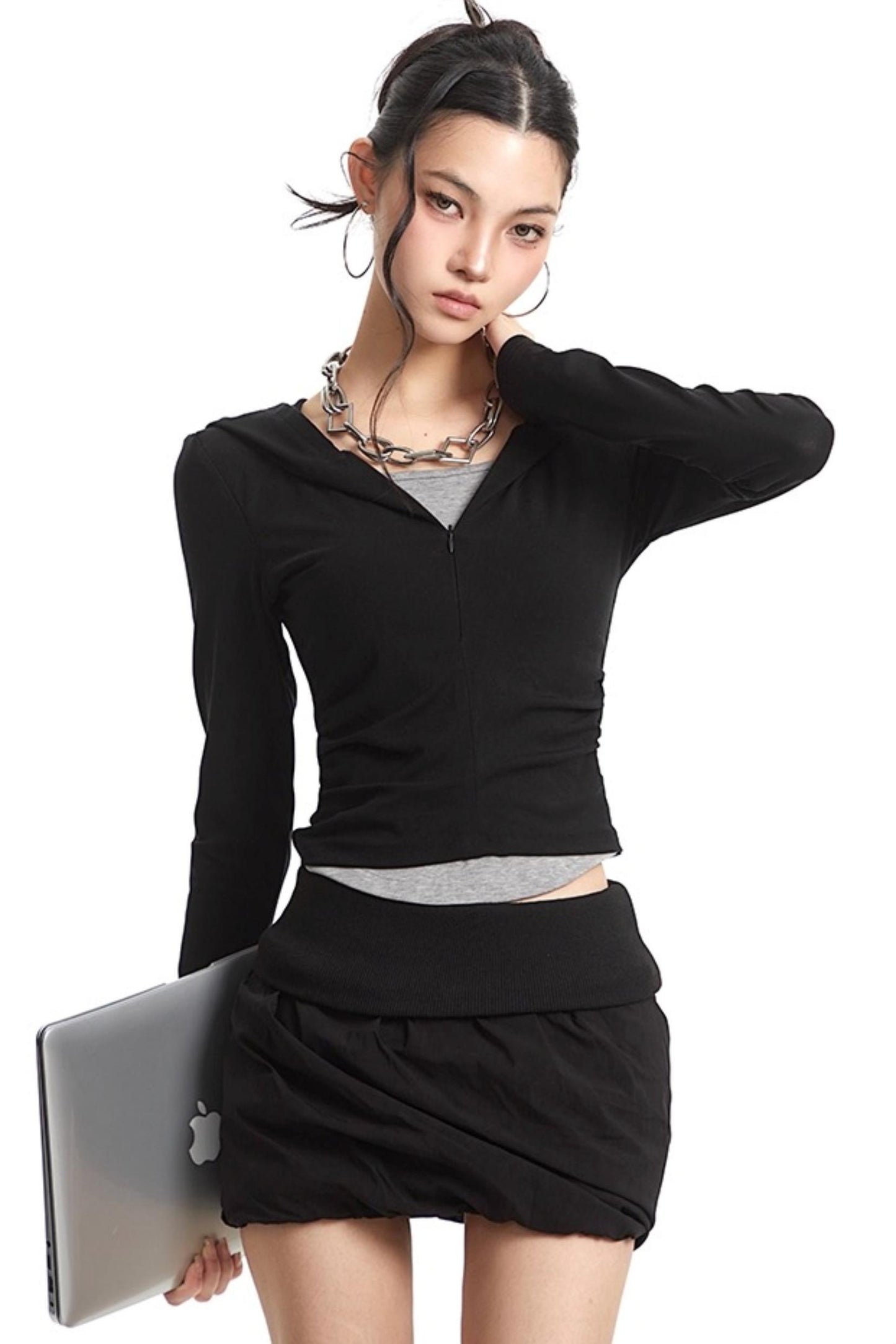 Black Hooded Long Sleeve T-Shirt