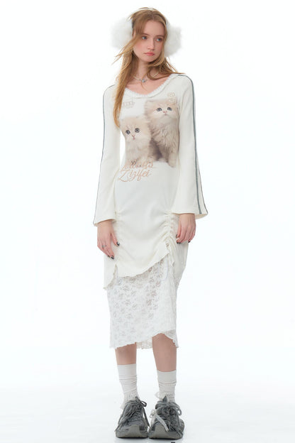 Lace Splicing Cat V-Neck Knitted Dress