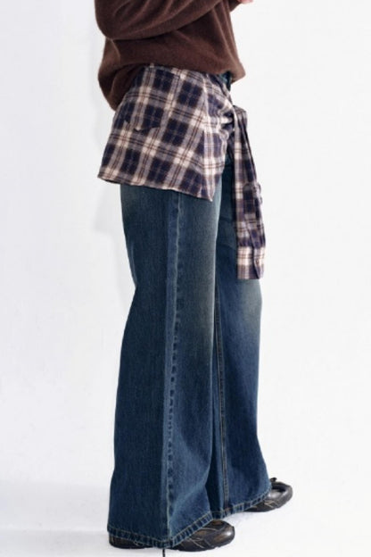Detachable Plaid Shirt Waist Slimming Jeans