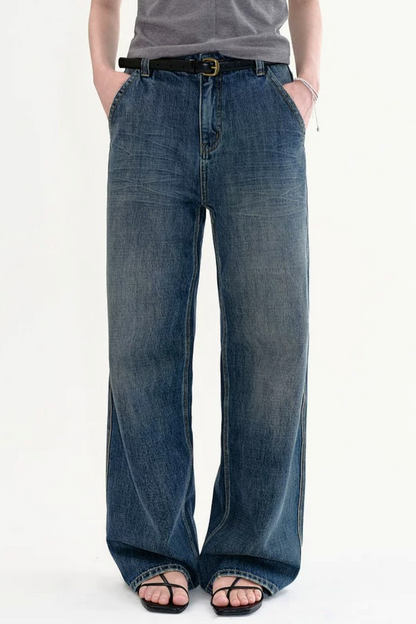 Jeans retrò a vita alta slavati a gamba larga