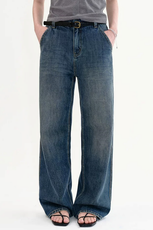 Retro High-Waisted Washed Wide-Leg Jeans