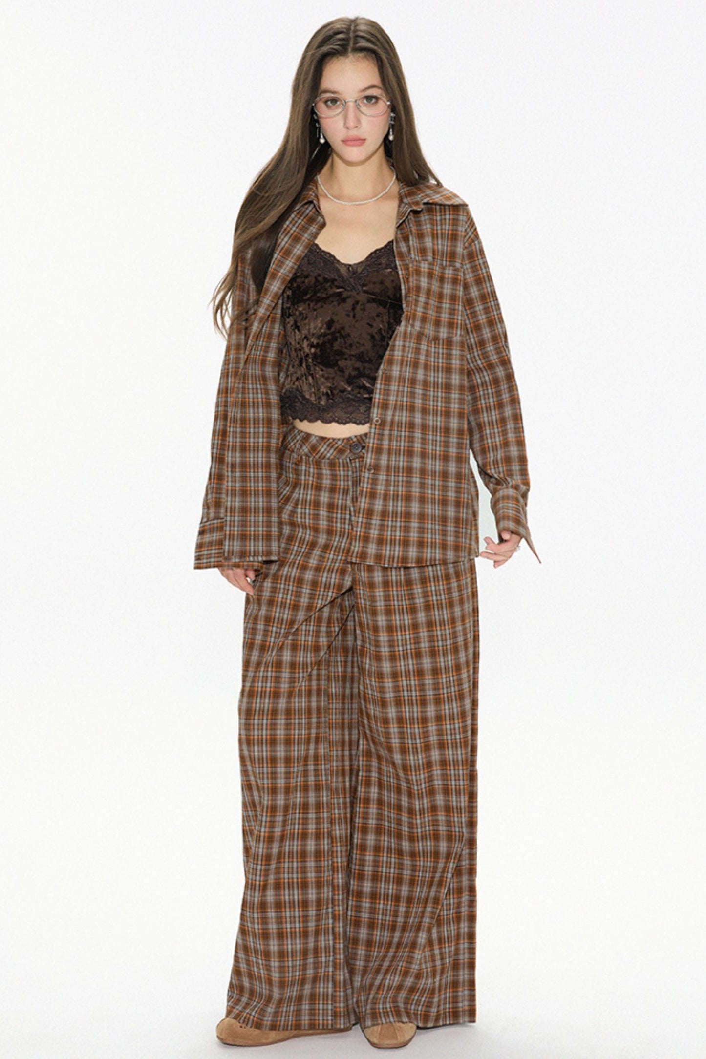 Brown Check Wide Leg Trousers Jacket Set-Up