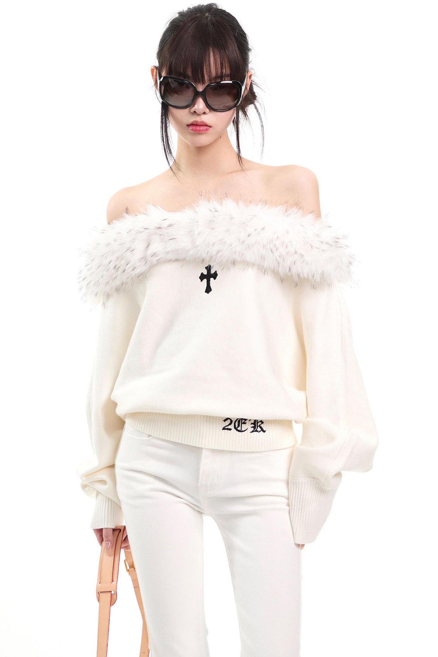 Off-Shoulder Fur Collar Sweater