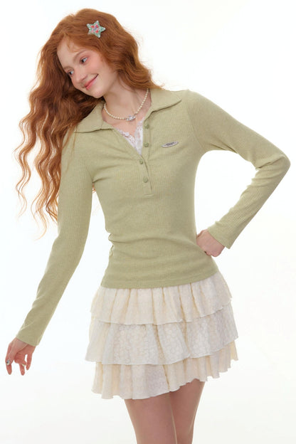 American Lace Polo Collar Knit Top