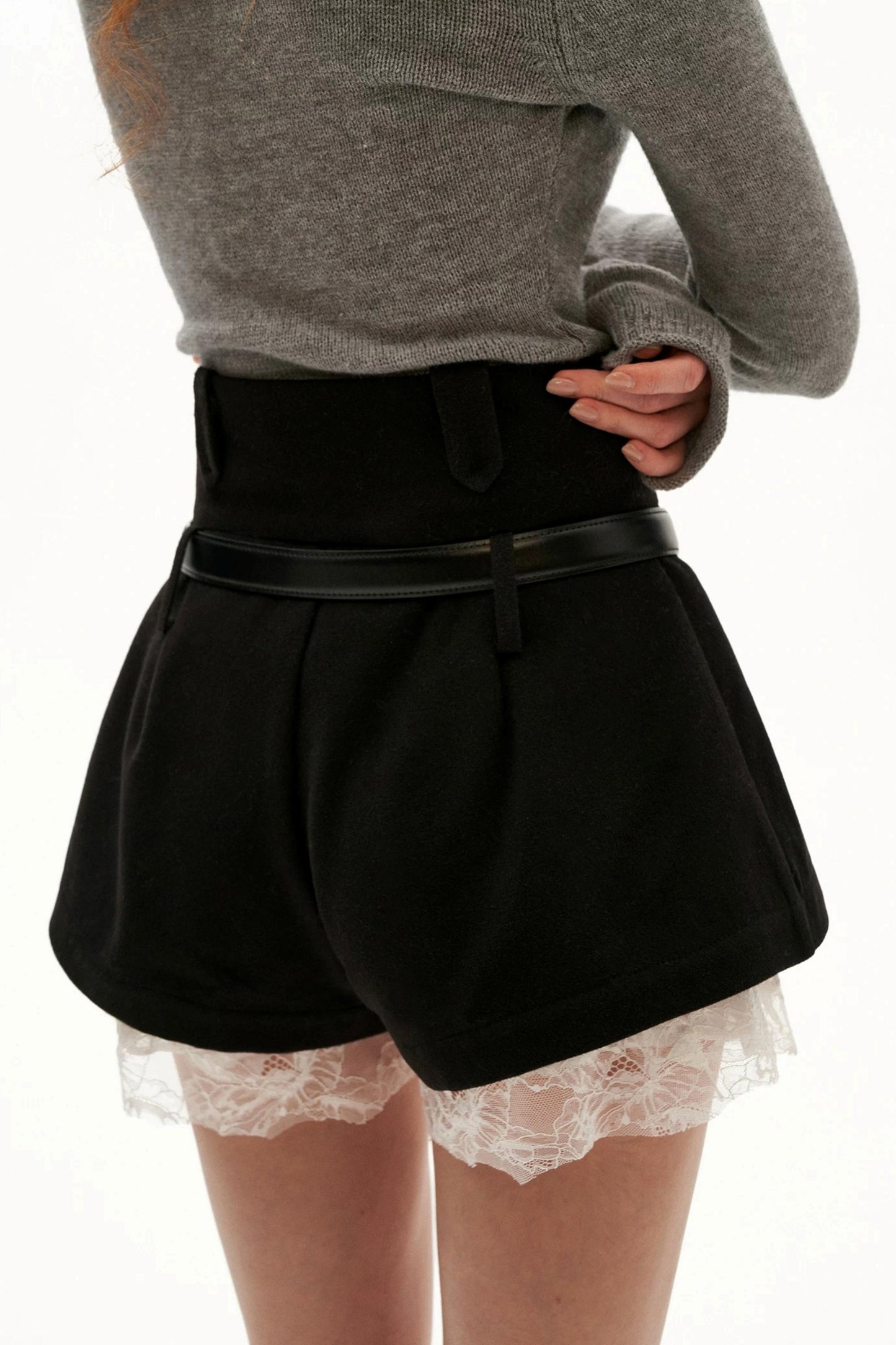 High-Waisted Buttoned Lace-Hem A-Line Shorts