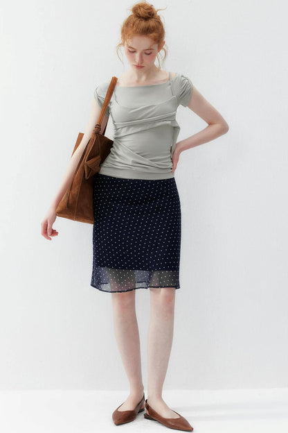 Navy Polka Dot Double-Layer A-Line Mesh Skirt