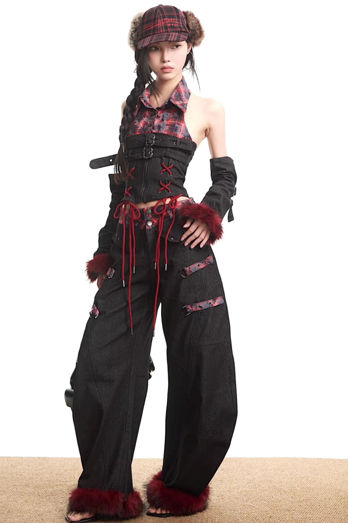 Plaid Patchwork Denim Set-Up