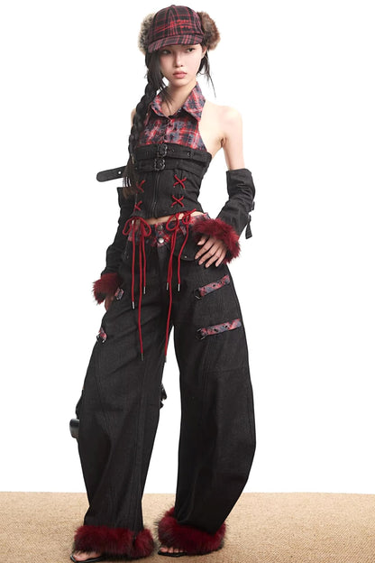 Plaid Patchwork Denim Set-Up