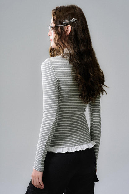 Lace Hem Striped Long Sleeve Knit Tee