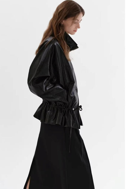 Black Leather Drawstring Jacket