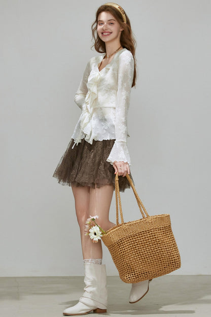 Autumn Womens V-neck Ruffled Top