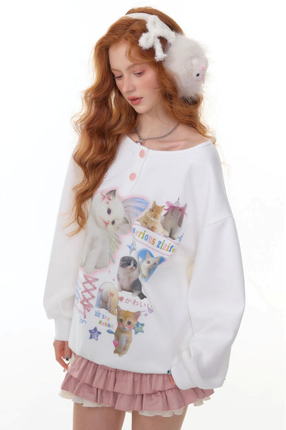 Cat Print Round Neck Sweatshirt
