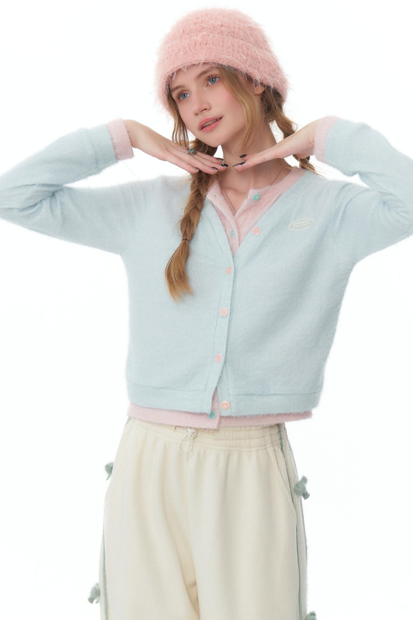 Fake Two-Piece Blue and Pink Cardigan