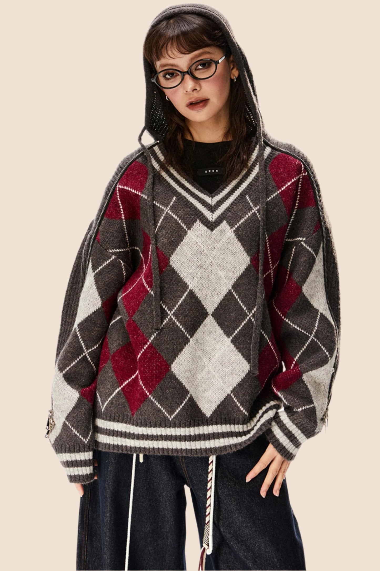 Quilted Retro Knit V-Neck Sweater