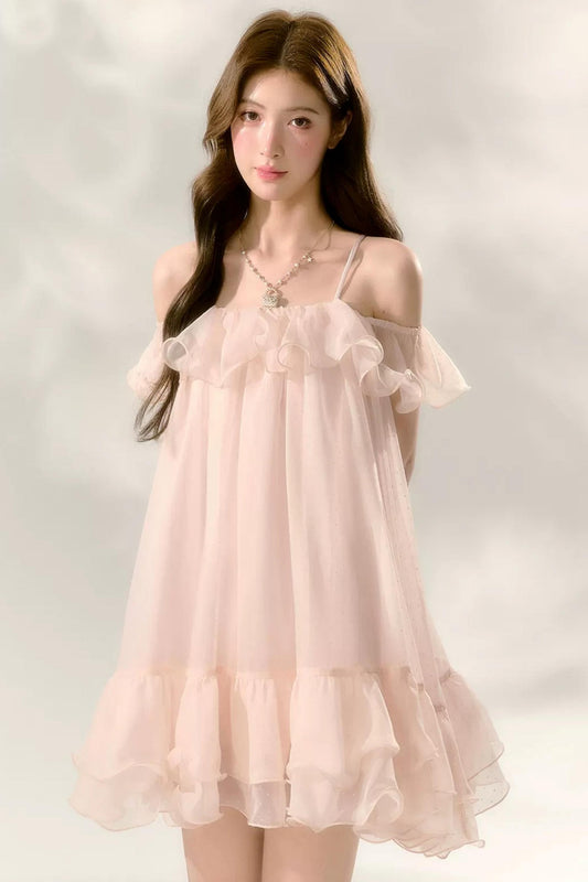 Polka Dot Ruffled Off-Shoulder Strap Mesh Dress
