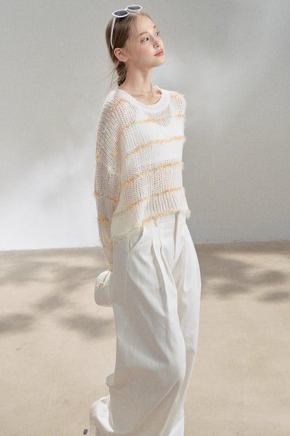 Silver Silk Blend Cropped Knit Blouse