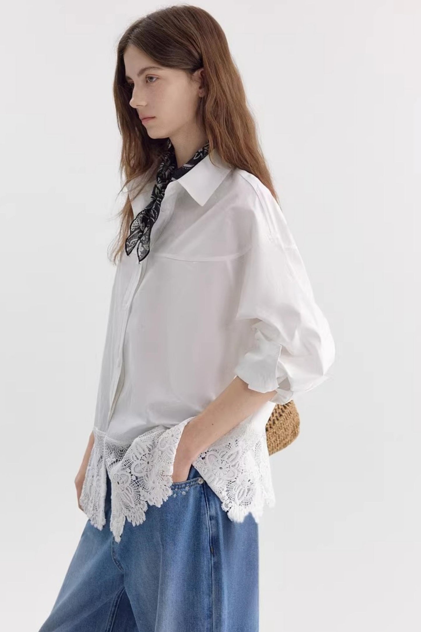 Hollow Lace Drop Shoulder Shirt