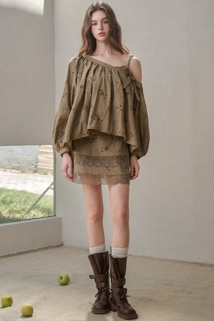 Embroidery Elegant Slanted Shoulder Skirt Set-Up