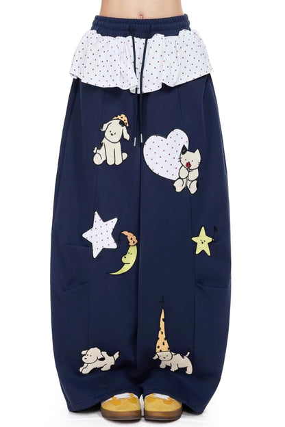 만화 자수 와이드 레그 팬츠