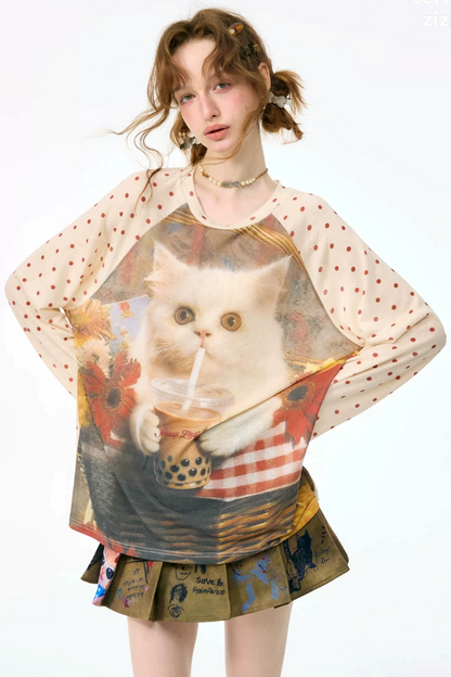 Autumn American Retro Polka Dot T-Shirt