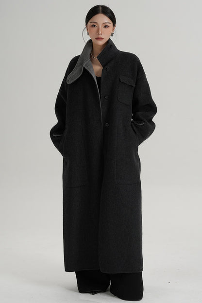 Temperament Design Color-Blocking Woolen Coat
