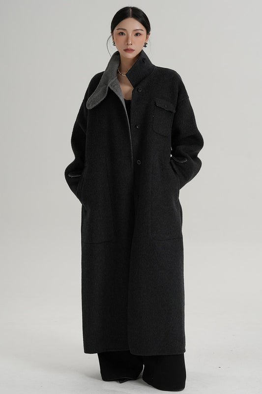 Temperament Design Color-Blocking Woolen Coat