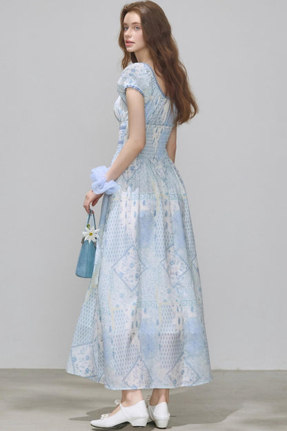 Puff Sleeves Waist Slim Long Dress