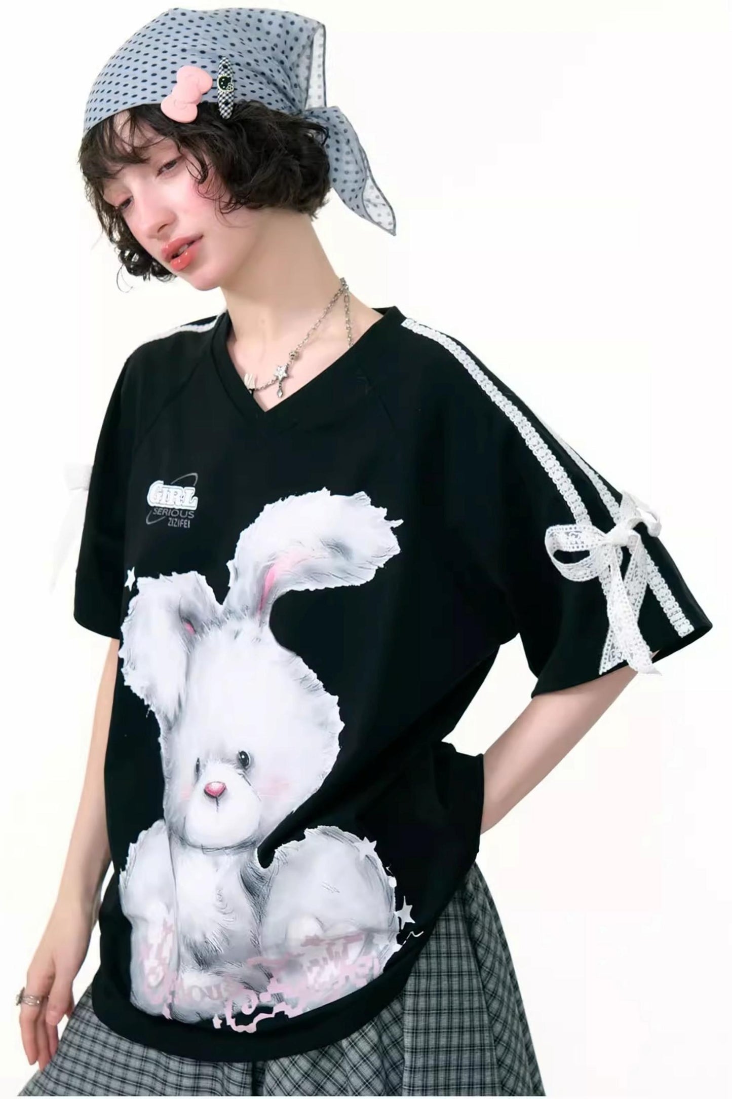 Summer Vintage Lace Bow Short Sleeve T-Shirt