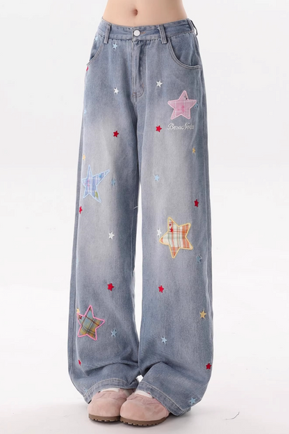 Star-Patterned Vintage Denim Pants