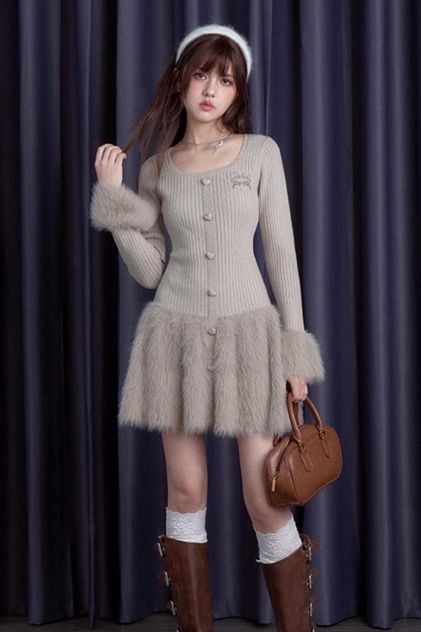 Sweet Knitted Fur Skirt Dress