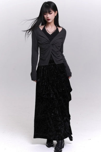 Velvet Irregular Hem Long Skirt