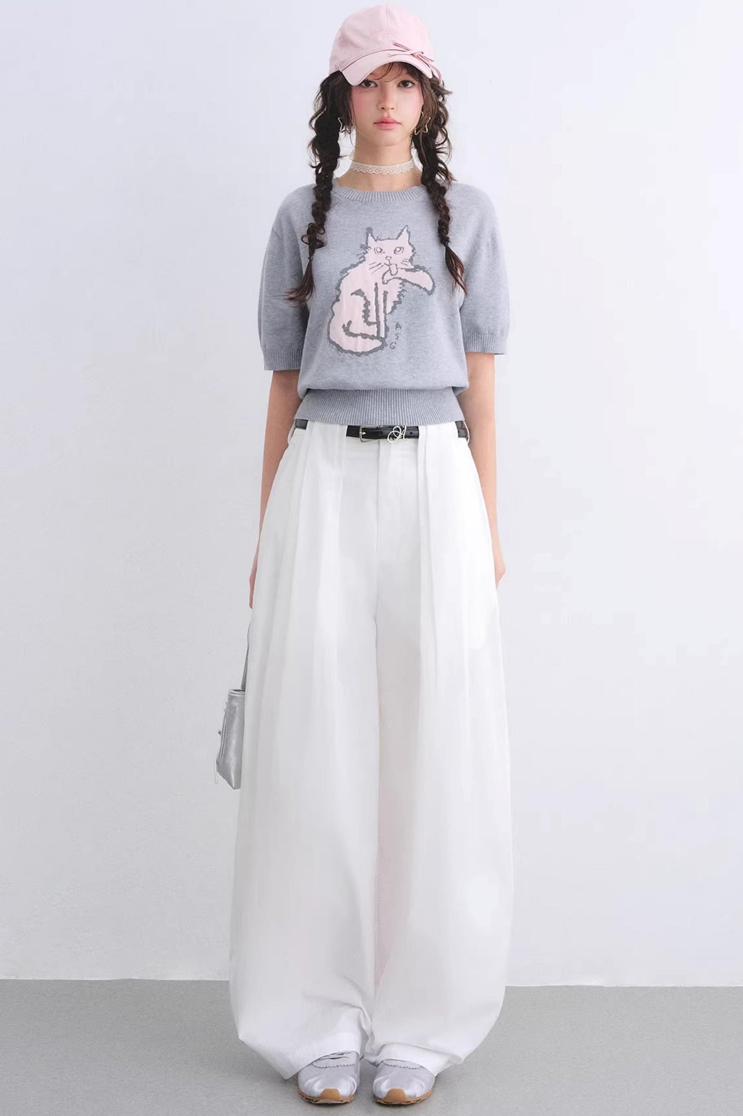White Pleated Wide-Leg Pants Set-Up
