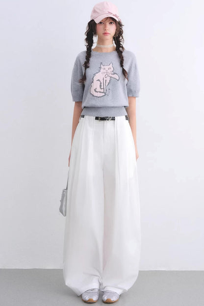 White Pleated Wide-Leg Pants Set-Up