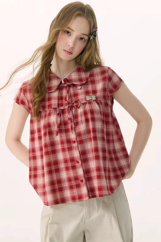 Red Plaid Doll Collar Shirt