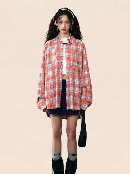 Stitching Contrasting Plaid Long-Sleeved Shirt