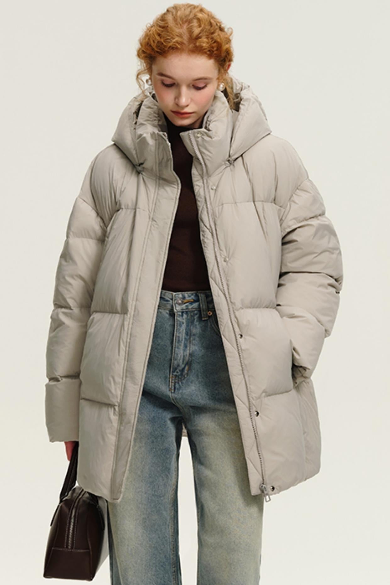 Korean Hooded Mid-Length Duck Down Jacket