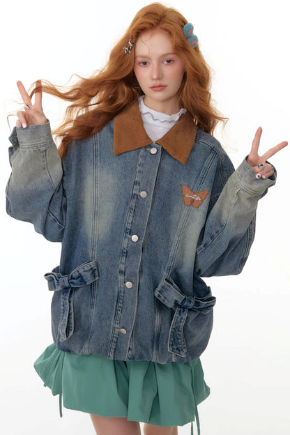 Bow Corduroy Collar Retro Denim Jacket
