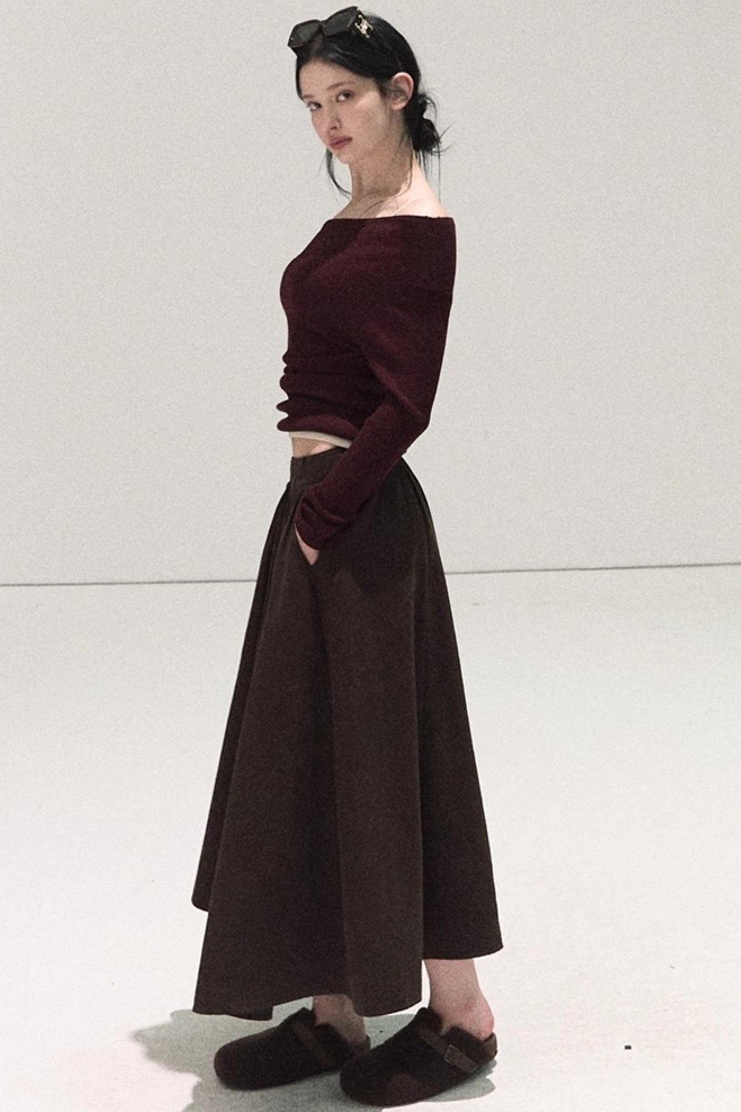 Micro-Velvet Pleated A-Line Skirt