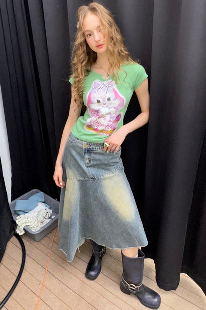 Retro Design Rabbit Print Slim Top