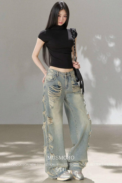 Retro Ripped Denim Pants