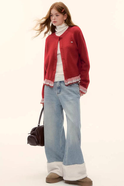 Fleece-Lined Wool Spliced Jeans