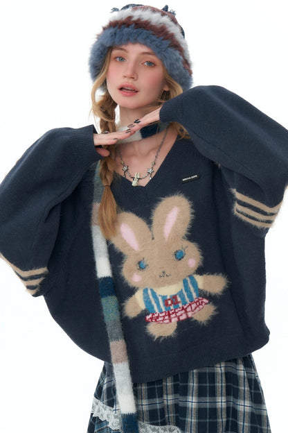 Plush Rabbit V-Neck Christmas Sweater