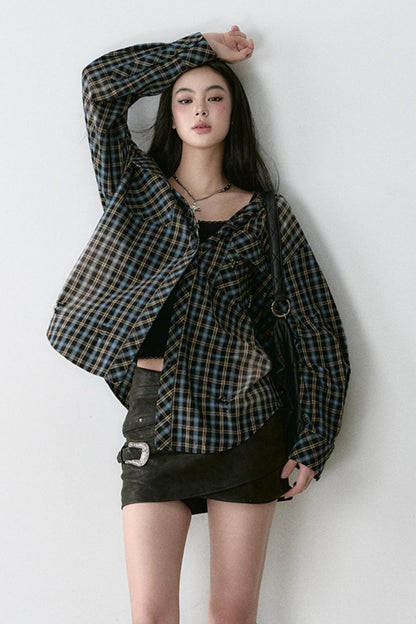 Washed Distressed Plaid Hooded Shirt