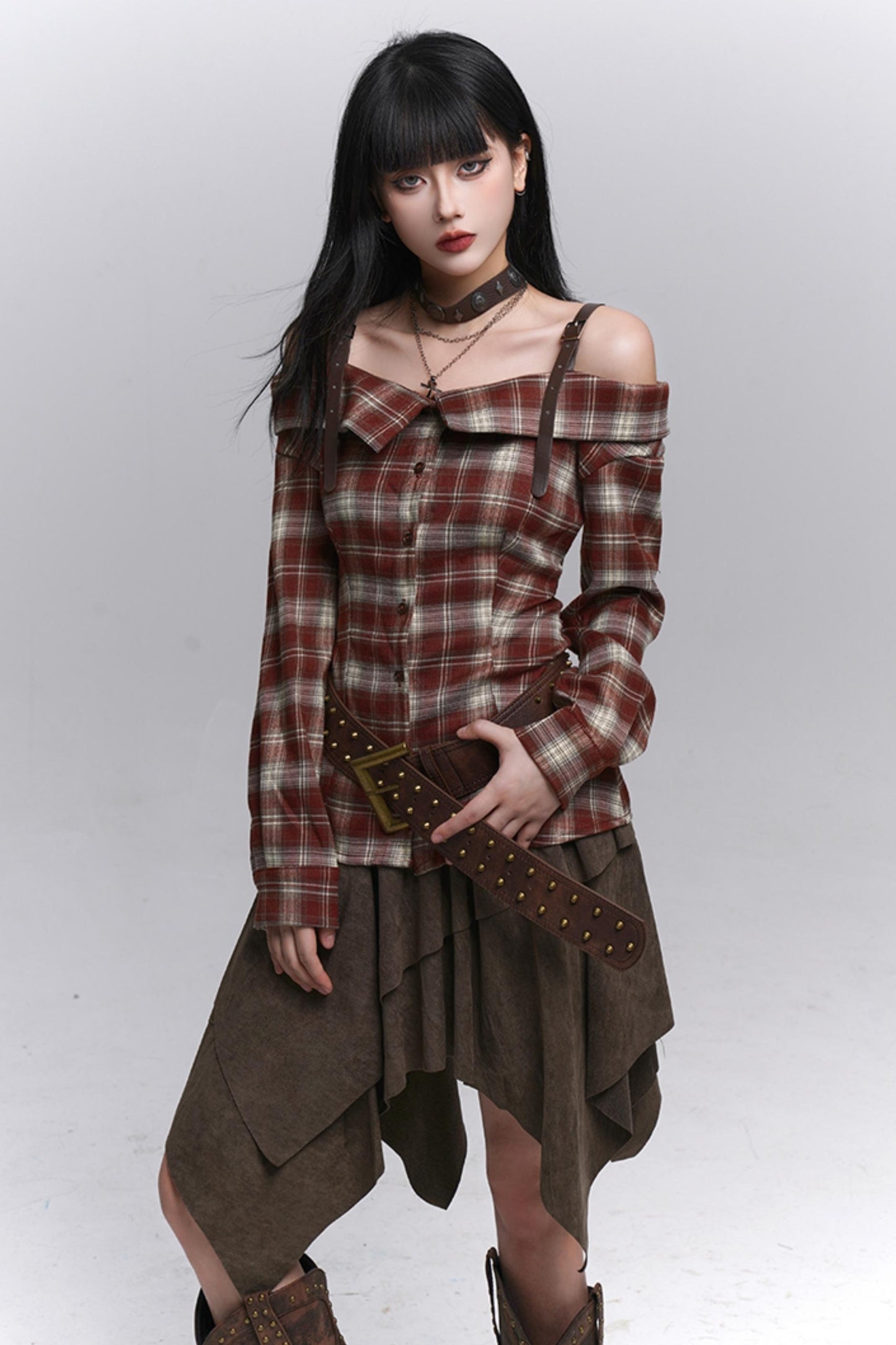 Autumn Check Off Shoulder Top