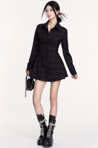Dark Check Waist Slimming Long Sleeve Dress
