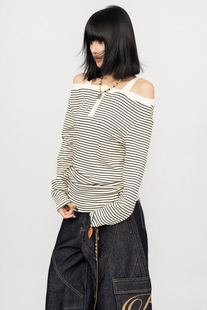Striped Long Sleeve One Shoulder T-Shirt