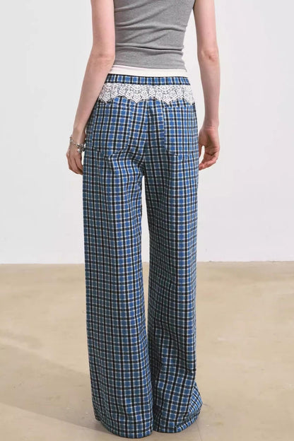 Blue Lace-Trimmed Plaid Wide-Leg Pants