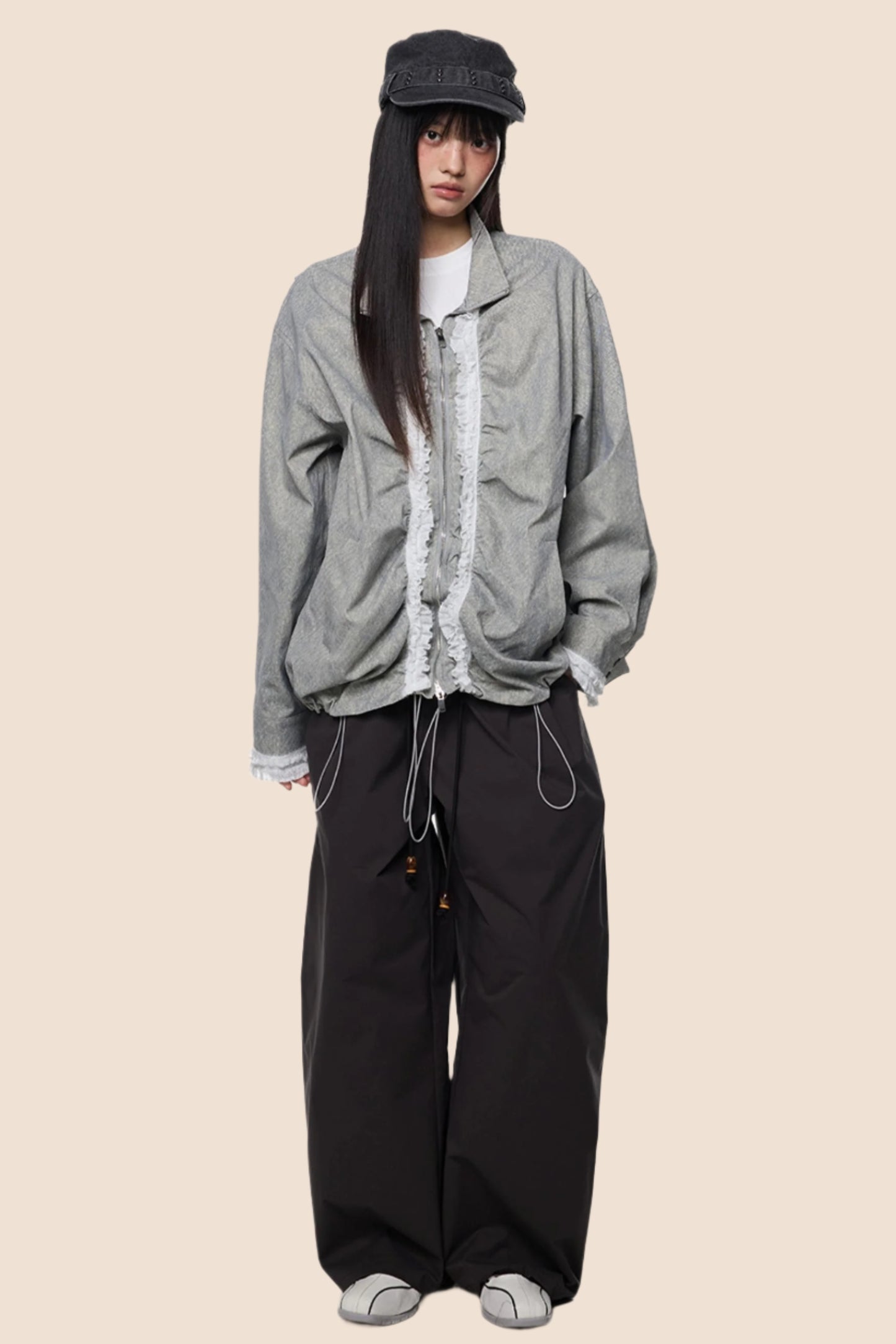 Loose Fit Pleated Lace Zip Jacket