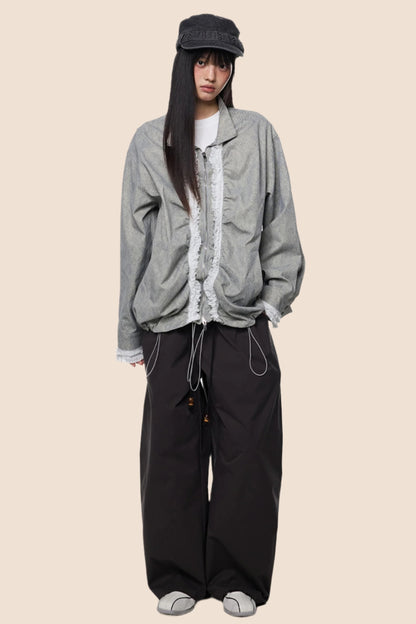 Loose Fit Pleated Lace Zip Jacket