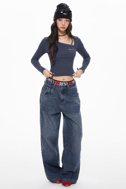 Vintage Blue Beaded Wide-Leg Jeans